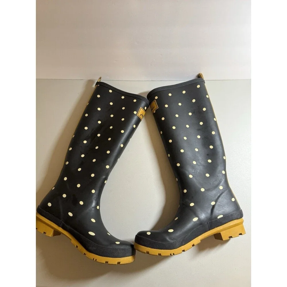 Joules Womens Molly Welly Tall Rain Boots, Polka Dot US Size 8 Black Yellow Cute
